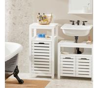 SoBuy Armoire de salle de bain avec panier à linge Armoire de salle de bain avec sac à linge pliable Étagère de salle de bain compacte Meuble de salle de bain en bois blanc BZR67-W