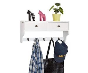 SoBuy Armoire Murale avec 2 tiroirs 60x14x27cm pour entrée | Porte-manteau mural avec 5 crochets, MDF laqué blanc, charge 22,5kg, emballage recyclable FRG178-W