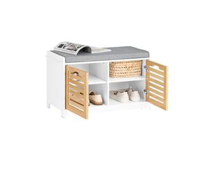 SoBuy Banc Chaussures avec 2 Portes 71x35x43cm pour entrée | Meuble d'entrée avec coussin rembourré, étagères réglables, MDF et bambou, charge 133kg, blanc+naturel FSR23-II-WN