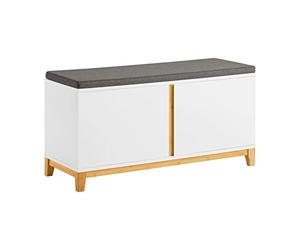 SoBuy Banc Chaussures avec 2 Portes 90x34x46cm pour entrée | Meuble d'entrée avec siège rembourré, étagères ajustables 3 hauteurs, MDF+bambou, charge 150kg, blanc FSR117-W