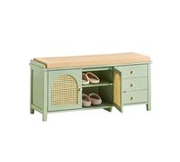 SoBuy Banc Chaussures avec 3 tiroirs 100x34x46cm pour entrée | Meuble chaussures avec portes grille rotin et coussin rembourré, MDF E1, charge 150kg, vert FSR129-GR