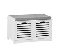 SoBuy Banc Chaussures Entrée Rangement - Meuble à Chaussures avec Coussin Rembourré et 2 Paniers - Banc d’Entrée en Bois pour Couloir - 71x34x43cm, Blanc, FSR23-K-W