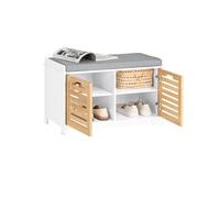 SoBuy Banc Chaussures Entrée Rangement - Meuble à Chaussures avec Coussin Rembourré et 2 Portes - Banc d’Entrée en Bois pour Couloir - 71x35x43cm, Blanc+Naturel, FSR23-II-WN