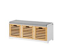 SoBuy Banc Chaussures Entrée Rangement - Meuble à Chaussures avec Coussin Rembourré et 3 Paniers - Banc d’Entrée en Bois pour Couloir - 105x35x43cm, Blanc+Naturel, FSR23-WN