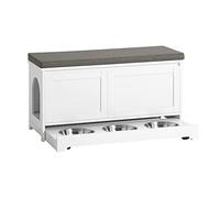 SoBuy Banc de Rangement Banc à Chaussures avec 2 Portes et 3 Bols Intégrés Maison en Bois pour Chat avec Accès Latéral Meuble Litière Chat Meuble Bas Entrée avec Coussin, 90x36x44 cm, Blanc, FSR136-W
