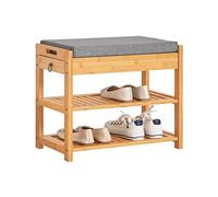 SoBuy Banc Rangement en Bambou 55x30x46cm pour entrée | Meuble chaussures 3-en-1 avec tiroir secret et 2 étagères, bambou massif, coussin rembourré, charge 150kg, naturel FSR49-N