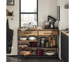 SoBuy Buffet Industriel Cuisine avec Étagères, Tiroirs et Range-Bouteilles, Meuble Micro-Ondes 120x91x45cm, Marron