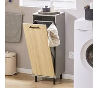 SoBuy BZR132-NG Armoire à linge avec sac à linge dépliant Coffre à linge avec porte en verre Collecteur de linge Panier à linge Armoire de salle de bain Gris naturel