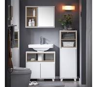 SoBuy Meuble Bas Salle de Bain 35x30x105 cm, Demi-Colonne sur Pied avec Panier à Linge et Compartiments Blanc