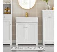SoBuy Meuble sous Lavabo Salle de Bain -Meuble sous Vasque avec Portes et Étagère Réglable - Meuble de Rangement Salle de Bain Compact en MDF, Blanc, 60x60x29cm, BZR18-W