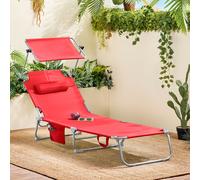 SoBuy Chaise longue avec toit solaire et oreiller Chaise longue de jardin pliante pour jardins, cours, plages, balcons Rouge OGS48-R