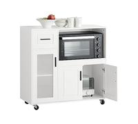 SoBuy Desserte à roulettes freinées pour Micro-Ondes, 88,5x89x40cm, Cuisine | Îlot Central avec Roues, 2 passe-câbles, 3 portes (1 vitrée) & tiroir, charge 60 kg, MDF, salle à manger/bureau, FSB78-W
