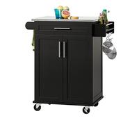 SoBuy Desserte Cuisine à roulettes avec Freins et Plan INOX, 80x90x46 cm | Meuble cuisine rangement avec tiroir, étagères réglables, porte-serviettes, crochets S, MDF/PB, cuisine/extérieur, FKW110-SCH