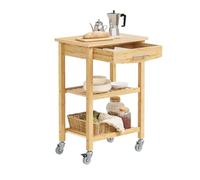 SoBuy Desserte Cuisine à roulettes, tiroir et 2 étagères, 58x40x86 cm | Chariot de cuisine en bambou carbonisé, 50 kg, antibactérien et facile à nettoyer, pour cuisine et salle à manger, FKW135-N