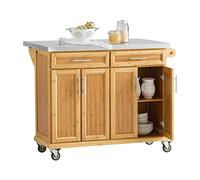 SoBuy® FKW69-N Desserte sur roulettes Meuble de Cuisine de Service Roulant en Bambou - Plans de Travail en Acier INOX Rabattables