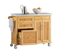 SoBuy Desserte Roulante de Cuisine en Bambou avec Grand Plateau Inox, 4 Tiroirs, 2 Portes et Armoire de Rangement, 115x46x92cm