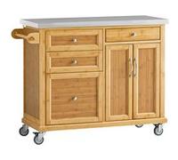 SoBuy Desserte de Cuisine Mobile avec Plan de Travail INOX, 4 Tiroirs, Îlot Central Roulant Bambou