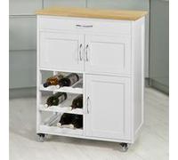 SoBuy Desserte de Cuisine, Chariot de Service Roulant, Armoire de Rangement sur roulettes, Plateau en Bois d'Hévéa, avec Tiroir, Porte-Bouteilles et Portes, L67xH87xP37cm, Blanc, FKW45-WN
