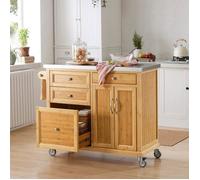 SoBuy Desserte Roulante de Cuisine en Bambou avec Grand Plateau Inox, 4 Tiroirs, 2 Portes et Armoire de Rangement, 115x46x92cm