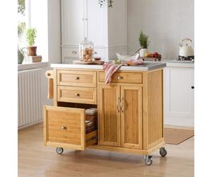 SoBuy Desserte Roulante de Cuisine en Bambou avec Grand Plateau Inox, 4 Tiroirs, 2 Portes et Armoire de Rangement, 115x46x92cm