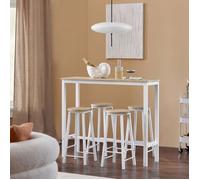 SoBuy Ensemble Table de Bar avec 4 Tabourets Mange-Debout Haute Cuisine Cadre en Acier Blanc et Plateau Effet Bois 120x40x100cm