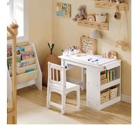 SoBuy Ensemble Table et Chaise Enfant 2 Étagères avec Porte-Papier et Rangement Stylos, Bureau Enfant Bois Blanc 80x54x65,5 cm