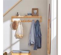 SoBuy FHK06-N Étagère Porte-Serviette Porte-Manteau Mural Penderie Patère Murale en Bambou avec Étagère et 6 Crochets - L90 x P12,5 x H16,5cm