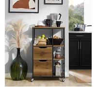 SoBuy Desserte de Cuisine à roulettes avec Tiroirs Chariot de Cuisine Style Industriel en Bois Vintage et Métal Noir Meuble Bas Cuisine avec Étagères de Rangement 89x53x37cm FKW111-PF