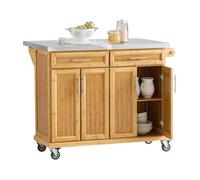 SoBuy® FKW69-N Desserte sur roulettes Meuble de Cuisine de Service Roulant en Bambou - Plans de Travail en Acier INOX Rabattables