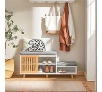 SoBuy Banc de Rangement Banc à Chaussures avec Coussins Rembourrés Meuble Bas Entrée sur Pieds avec 1 Porte Coulissante et 3 Compartiments pour Entrée, Salon, Chambre à Coucher 101x35x46 cm, FSR125-WN