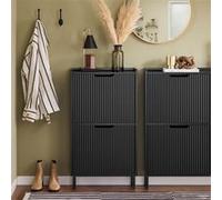 SoBuy Meuble Chaussures d’Entree avec 2 Abattants, Armoire à Chaussures Moderne, Rangement Chaussures Compact, Range Chaussures Étroit pour Petite Entrée ou Couloir 50x19x90cm Noir FSR177-SCH