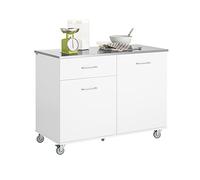 SoBuy Îlot avec Plan de Travail INOX & 5 Roues, 120x90x56cm | Desserte de Cuisine, tiroir, 2 placards & étagères réglables, charge 143 kg, MDF/PB, cuisine & repas & bar, FKW117-W