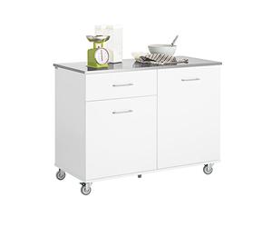 SoBuy Îlot avec Plan de Travail INOX & 5 Roues, 120x90x56cm | Desserte de Cuisine, tiroir, 2 placards & étagères réglables, charge 143 kg, MDF/PB, cuisine & repas & bar, FKW117-W