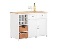 SoBuy Îlot Central de Cuisine, 2 paniers rotin & rallonge Bois, 120x90x56cm | Placard de Cuisine, 9 casiers à vin, 2 tiroirs & étagère réglable, charge 80 kg, MDF/PB, cuisine & repas & bar, KNL05-W