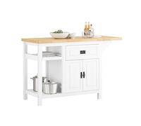 SoBuy Ilot Central de Cuisine avec Plan de Travail Extensible en Bois d'hévéa, 2 Portes, 2 Tiroirs et Espace de Rangement, Armoire de Rangement, Placard de Cuisine, 110/145 x 60 x 95 cm, KNL06-WN