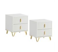 SoBuy Lot de 2 Table de Chevet avec 2 tiroirs et Pieds en métal doré, Table de Nuit Moderne, Blanc, 40x40x47 cm