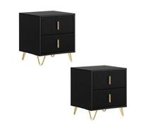 SoBuy Lot de 2 Table de Chevet avec 2 tiroirs et Pieds en métal doré, Table de Nuit Moderne, Noir, 40x40x47 cm