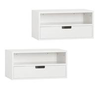 SoBuy | Lot de 2 tables de chevet murales blanches sans roues | Étagère murale avec 2 tiroirs et 1 étagère | Table de nuit flottante en MDF (panneau de fibres à densité moyenne) | 45×25×22 cm | Capaci