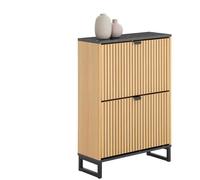 SoBuy Meuble à Chaussures Fin Entrée avec Abattants Rangement Compact Design Scandinave Noir Bois Clair 60x24x88cm