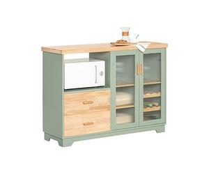 SoBuy Meuble Cuisine avec Niche Micro-Ondes, Porte-Bouteilles, 120×40×90 cm | Buffet avec plan en bois d’hévéa, portes vitrées et tiroirs, MDF, cuisine salle à manger coin café terrasse, FSB81-GR