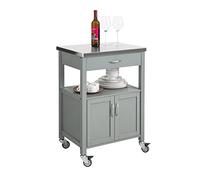 SoBuy Meuble de Cuisine à roulettes, Plan INOX & 4 Roues, 60x92x44cm | Desserte Cuisine compacte, tiroir, niche ouverte & placard 2 portes, MDF, cuisine & extérieur & chambre, FKW22-HG