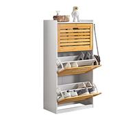 SoBuy Meuble de Rangement à Chaussures Armoire à Chaussures Commode à Chaussures 3 abattants Meuble d'entrée Coffre Rangement pour Chaussures avec 2 Crochets, 55x30x112 cm,Blanc+Naturel, FSR108-WN