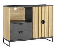 SoBuy Meuble de Rangement, Meuble Cuisine Buffet Salle à Manger avec Niche Micro-Ondes Ø6 cm & Porte-Verres Armoire à étagère réglable, Pieds métal Hauts vaisselier, chêne/Noir, 107×40×85 cm FSB103-N 