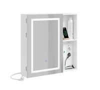 SoBuy Meuble Haut Salle de Bain avec Miroir LED & Prise 60x15x60 cm Blanc | Armoire Murale Salle de Bain, Meuble Toilette, Placard Rangement avec Porte, Rangement Suspendu pour WC et Entrée, BZR239-E-W