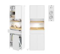 SoBuy Meuble Salle de Bain avec Éclairage LED & Prise 60x30x180 cm | Colonne Salle de Bain, Armoire Rangement en Bois avec Portes, Tiroirs et Panier à Linge Coulissant, Blanc, BZR241-E-W