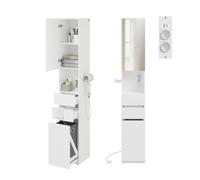 SoBuy Meuble Salle de Bain Meuble Rangement avec Miroir & Prise 30x30x180cm | Colonne Salle de Bain, Armoire Rangement Salle de Bain avec Panier à Linge, Tiroirs & Support Sèche-Cheveux, Blanc BZR240-E-W