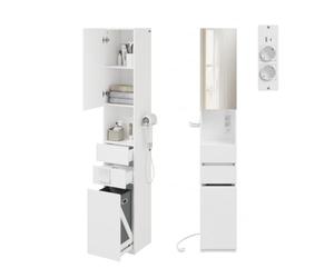 SoBuy Meuble Salle de Bain Meuble Rangement avec Miroir & Prise 30x30x180cm | Colonne Salle de Bain, Armoire Rangement Salle de Bain avec Panier à Linge, Tiroirs & Support Sèche-Cheveux, Blanc BZR240-E-W