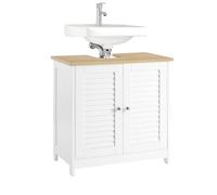 SoBuy Meuble sous Lavabo Salle de Bain avec Découpe pour Siphon 60x35x59 cm | Meuble sous Vasque avec 2 Portes et 2 Étages, Placard de Rangement pour Salle de Bain, Blanc et Bois Naturel, FRG237-WN