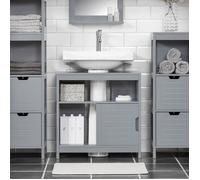 SoBuy Meuble sous Lavabo Salle de Bain avec 2 Portes Coulissantes Silencieuses, Meuble sous Lavabo, Rangement Optimisé pour Petite Surface, Anti-Humidité, Bois, Gris, L60xP30xH60cm, FRG128-II-SG