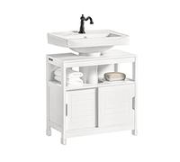 SoBuy Meuble sous Lavabo Salle de Bain pour Lavabos sur Colonne 60x30x60 cm | Meuble sous Vasque avec Portes Coulissantes et Tapis de Sol, Armoire Salle de Bain Anti-Humidité, Blanc, FRG128-II-W